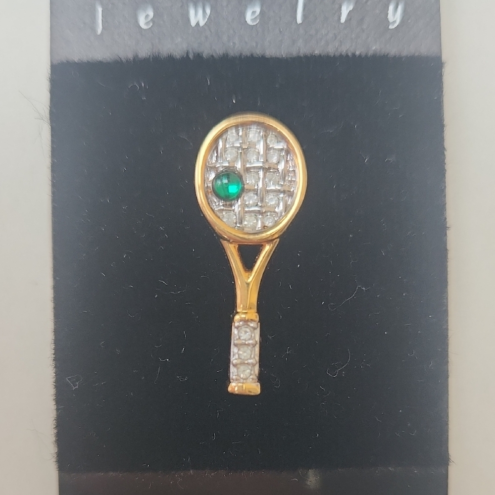 Swarovski Gold Tennis Racket Brooch with Green and Clear Crystals - Picture 3 of 3